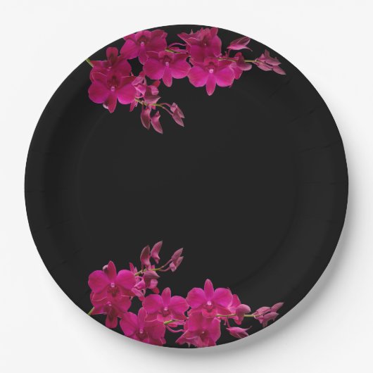 Assiettes En Carton Orchidées Fuchsia sur Plaques Mariages Noires- (Devant)