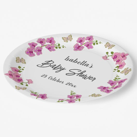 Assiettes En Carton Orchidées Papillon tropical violet rose (Angle)