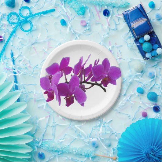 Assiettes En Carton Orchidées violettes sur plaque de papier (Fête)