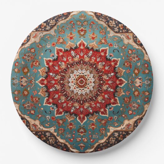 Assiettes En Carton Oriental Retro Motif Perse Rouge Crème Bleu (Devant)