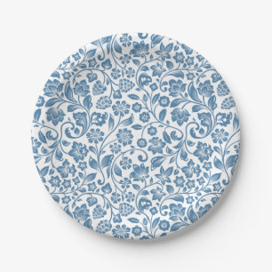 Assiettes En Carton Ornate Blue and White Floral Vines Pattern