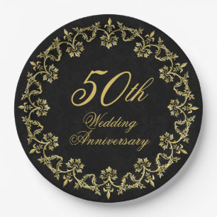 Assiettes En Carton Ornate Gold sur Black 50e anniversaire Mariage