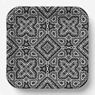 Assiettes En Carton ornement ethnique motif géométrique noir et blanc