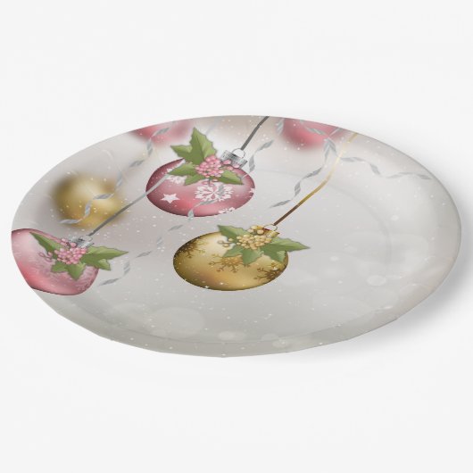 Assiettes En Carton Ornements Chic Rose Argent Or Holly Glow (Angle)