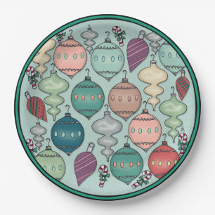 Assiettes En Carton Ornements de Noël Retro Pastel sur Opal Blue