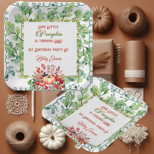 Assiettes En Carton Our Little Pumpkin 1st Birthday Green Fall Wreath