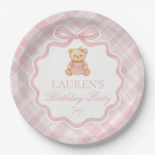 Assiettes En Carton Ours à nœud papillon rose Plaid Anniversaire
