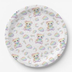 Assiettes En Carton Ours arc-en-ciel mignon et motif de nuages pastel