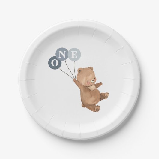 Assiettes En Carton Ours avec 3 Ballons Bleus 1er Anniversaire (Devant)