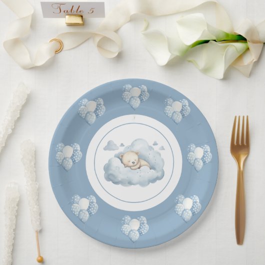 Assiettes En Carton Ours bleu sur des ballons nuageux (Mariage)