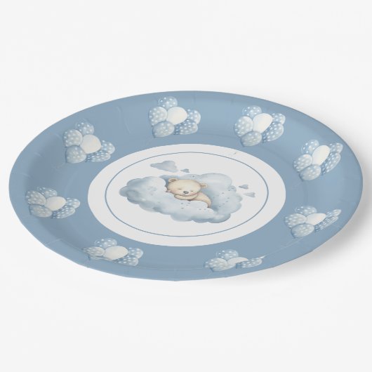 Assiettes En Carton Ours bleu sur des ballons nuageux (Angle)
