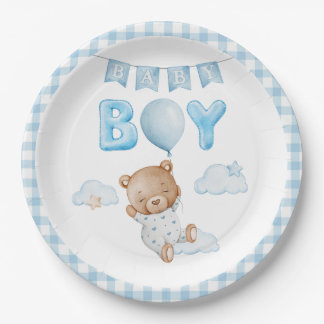 Assiettes En Carton Ours bleu Teddy avec Baby shower à ballon