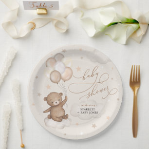 Assiettes En Carton Ours Brown doux et ballons Baby shower neutre