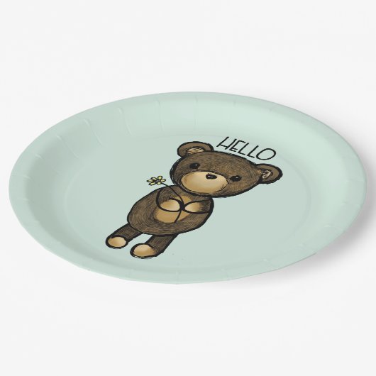 Assiettes En Carton Ours Brown mignon tenant une Fleur Jaune (Angle)