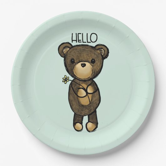 Assiettes En Carton Ours Brown mignon tenant une Fleur Jaune (Devant)