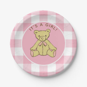 Assiettes En Carton Ours de fille de baby shower avec le contrôle ros