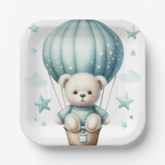 ASSIETTES EN CARTON OURS DE TEDDDY AVEC BALLON VERT PASTEL