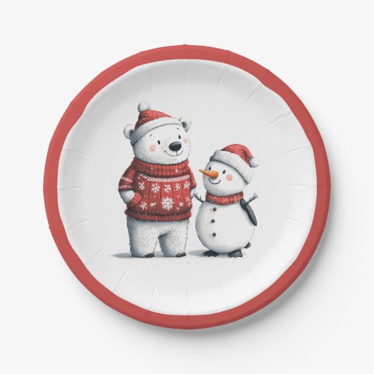 Assiettes En Carton Ours d'hiver rouge et neige | Winter Wonderland (Devant)