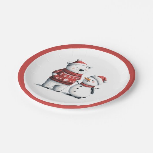 Assiettes En Carton Ours d'hiver rouge et neige | Winter Wonderland (Angle)