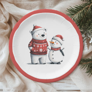 Assiettes En Carton Ours d'hiver rouge et neige Winter Wonderland