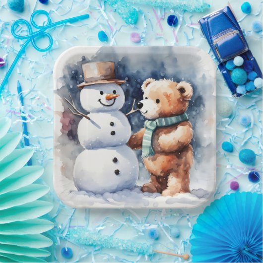 Assiettes En Carton Ours En Conduite D'Hiver Et Snowman (Fête)