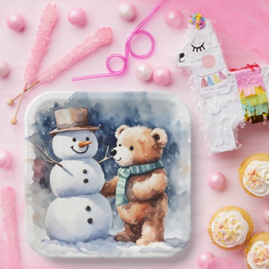 Assiettes En Carton Ours En Conduite D'Hiver Et Snowman (Fête)
