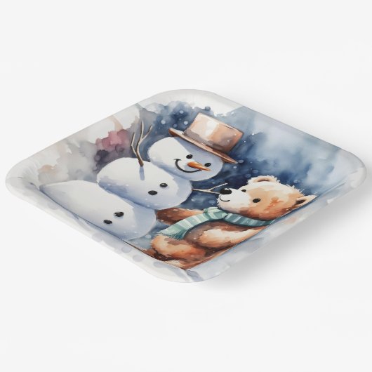 Assiettes En Carton Ours En Conduite D'Hiver Et Snowman (Angulaire)