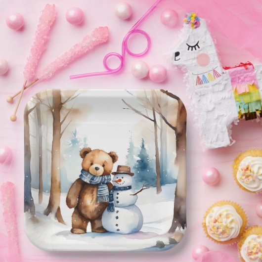 Assiettes En Carton Ours En Conduite D'Hiver Et Snowman (Fête)