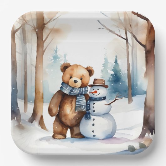 Assiettes En Carton Ours En Conduite D'Hiver Et Snowman (Recto)