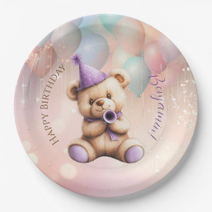 Assiettes En Carton Ours en peluche 1er anniversaire Ballons colorés