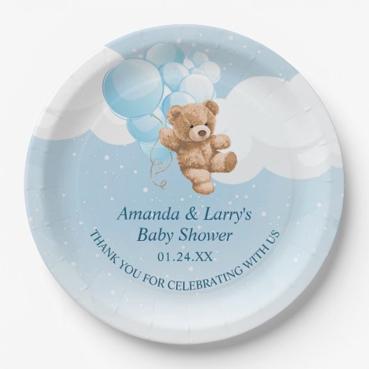 Assiettes En Carton Ours en peluche avec plaques en papier Bleu Ballon (Devant)