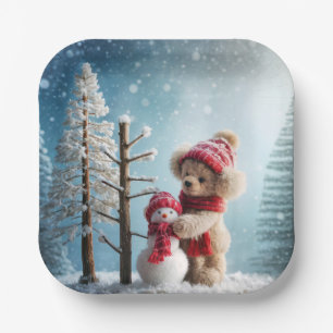Assiettes En Carton Ours en peluche d'hiver et Snowman