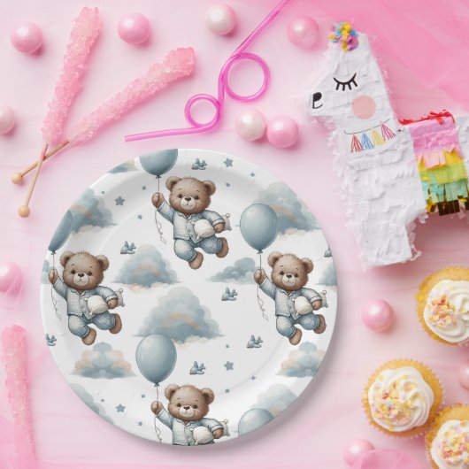 Assiettes En Carton Ours en peluche en pyjama bleu (Fête)