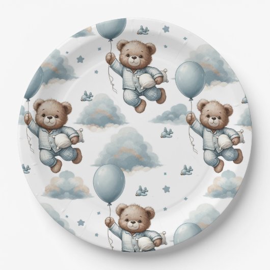 Assiettes En Carton Ours en peluche en pyjama bleu (Devant)