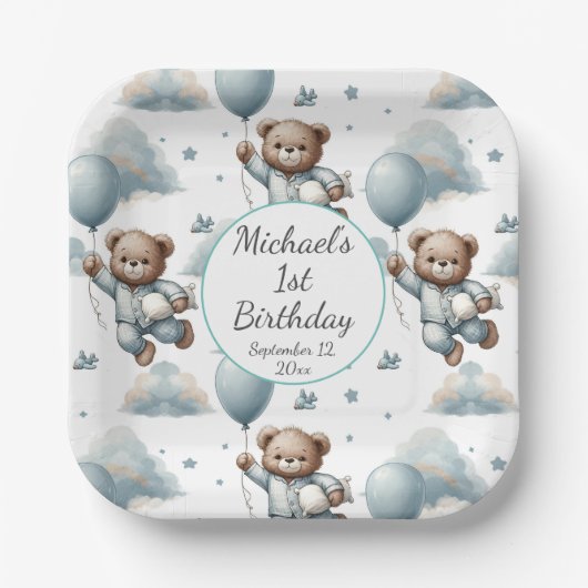Assiettes En Carton Ours en peluche en pyjama bleu Anniversaire (Recto)