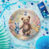 Assiettes En Carton Ours en peluche et lapin dans un jardin pastel (Fête)