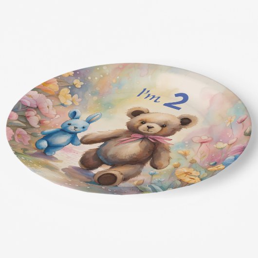 Assiettes En Carton Ours en peluche et lapin dans un jardin pastel (Angle)