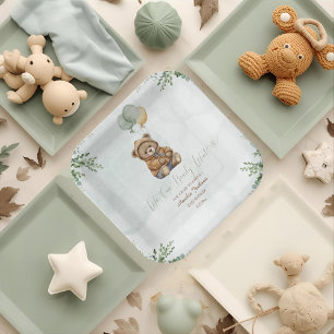 Assiettes En Carton Ours en peluche Fête bébé Ballons Vert sauge Brun