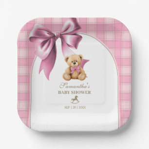 Assiettes En Carton Ours en peluche Prépa carreaux roses Fille Baby Sh