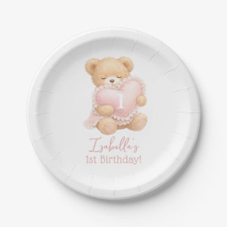 Assiettes En Carton Ours en peluche rose pour 1er anniversaire fille