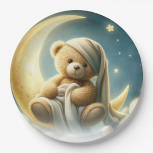 Assiettes En Carton Ours en peluche sur lune fond d'étoiles Baby Showe