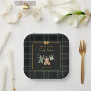 Assiettes En Carton Ours en peluche vert à carreaux de buffle