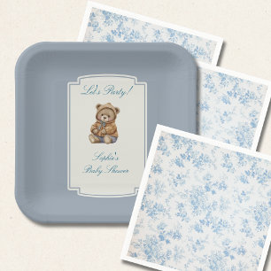 Assiettes En Carton Ours en peluche vintage, Baby Shower Bleu Poussiér