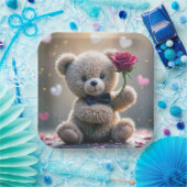 Assiettes En Carton Ours En Teddy Avec Rose Rouge (Fête)