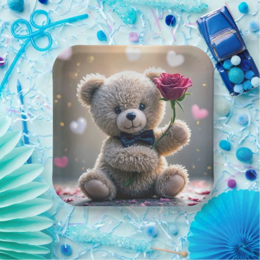 Assiettes En Carton Ours En Teddy Avec Rose Rouge (Fête)