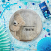 Assiettes En Carton Ours farci Cute Bois Rustique En Arrière-Plan Anni (Fête)