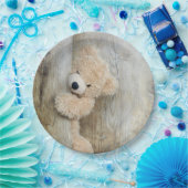 Assiettes En Carton Ours farci mignon Fond en bois rustique (Fête)