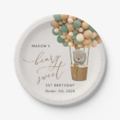 Assiettes En Carton Ours mignon, Ballons verts, Premier anniversaire (Devant)