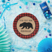 Assiettes En Carton Ours Noir Sur Un Plaid Rouge Et Noir Personnalisé (Fête)