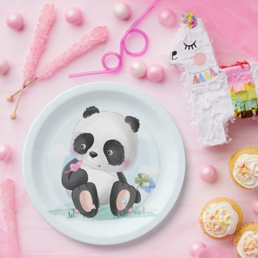 Assiettes En Carton Ours Panda Aquarelle avec papillons (Fête)